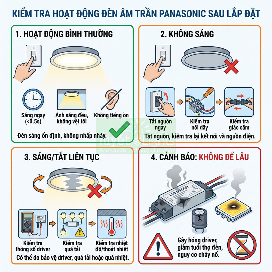 Hướng dẫn kiểm tra hoạt động đèn âm trần Panasonic sau lắp đặt và cảnh báo an toàn sử dụng