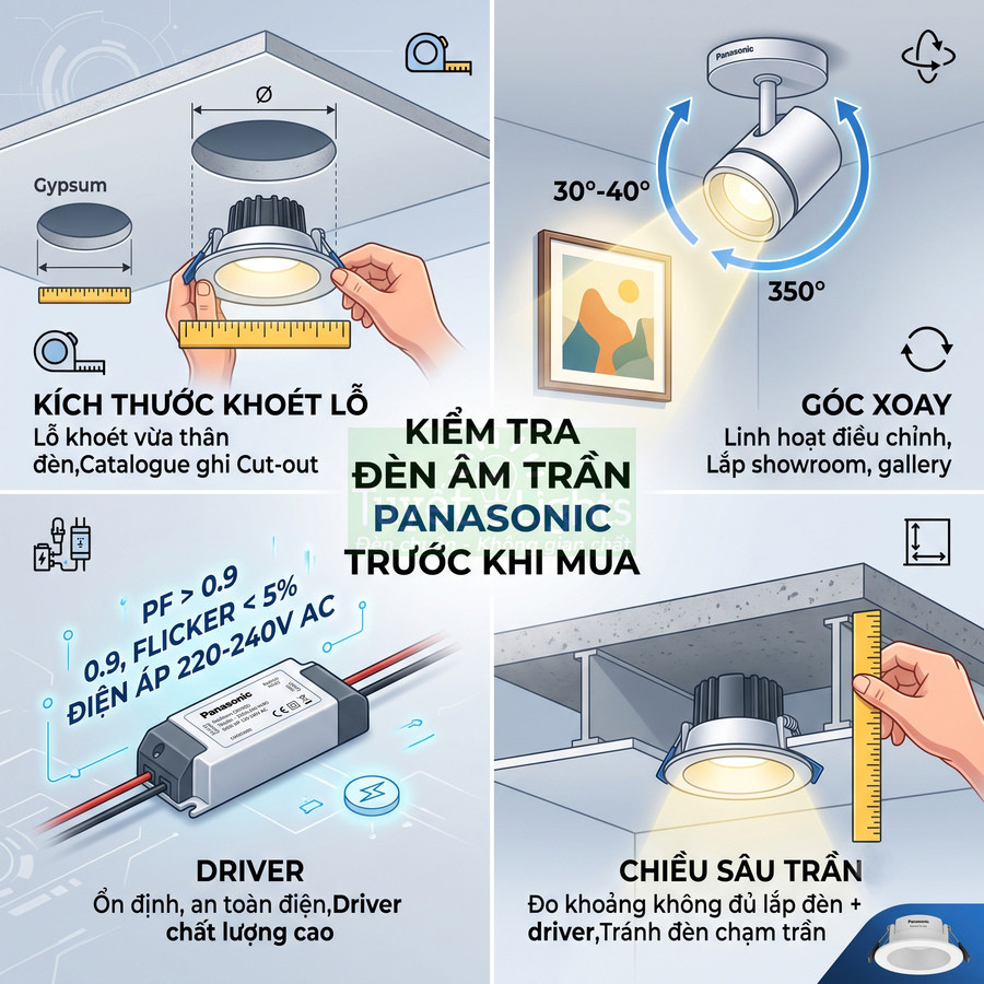 Hướng dẫn kiểm tra đèn âm trần Panasonic trước khi mua với minh họa kích thước, driver, góc xoay và chiều sâu trần