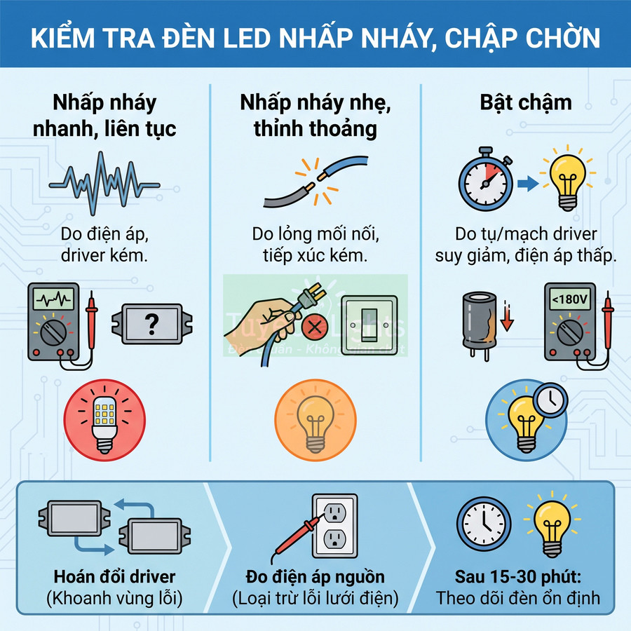 Hướng dẫn kiểm tra và khắc phục lỗi đèn LED nhấp nháy, chập chờn do driver và điện áp