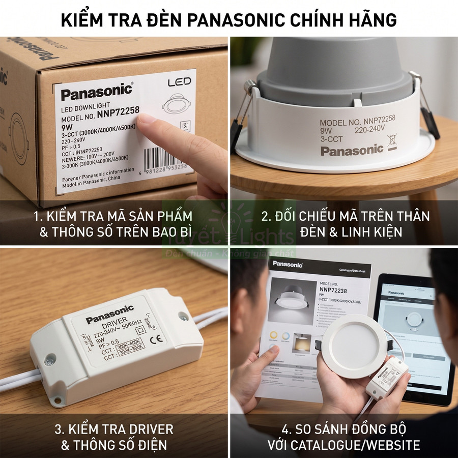 Hướng dẫn kiểm tra đèn LED downlight Panasonic chính hãng qua mã sản phẩm, driver và catalogue