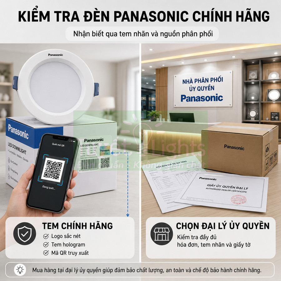 Hướng dẫn kiểm tra đèn LED downlight Panasonic chính hãng bằng tem QR và mua tại đại lý ủy quyền