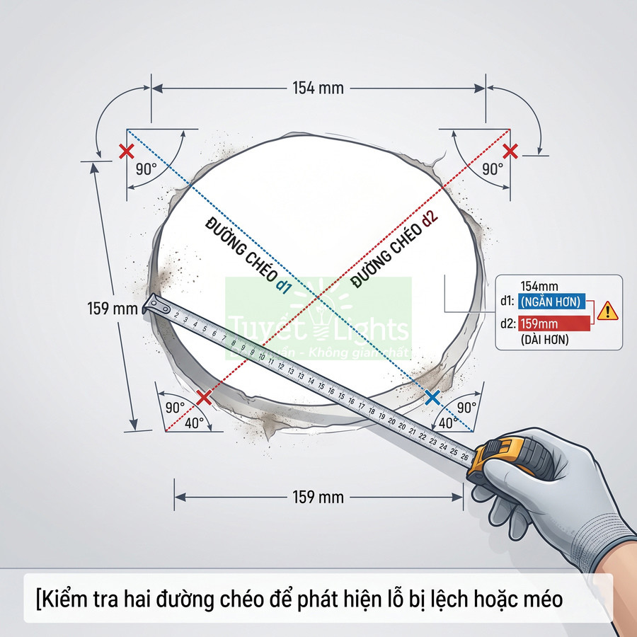Hướng dẫn dùng thước dây đo hai đường chéo lỗ khoét trần để kiểm tra kích thước và độ méo trước khi lắp đèn âm trần