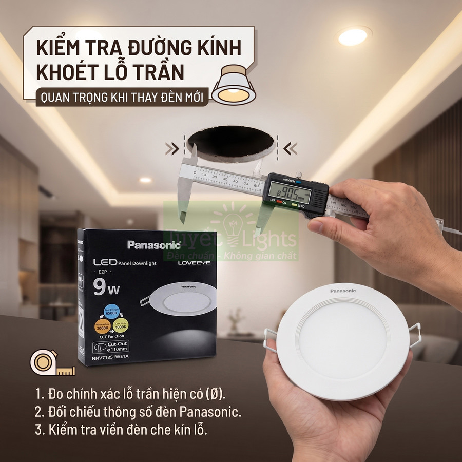 Đèn LED âm trần Panasonic 9W và hộp sản phẩm, đo đường kính lỗ khoét trần bằng thước kẹp điện tử
