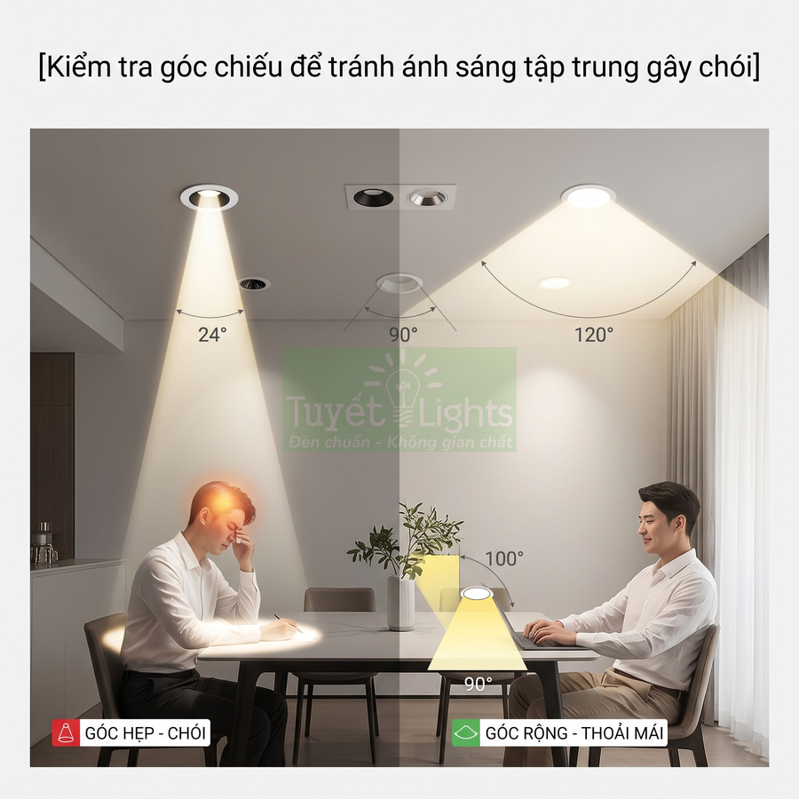 So sánh đèn âm trần Tuyết Lights góc chiếu hẹp gây chói và góc chiếu rộng tạo ánh sáng dễ chịu