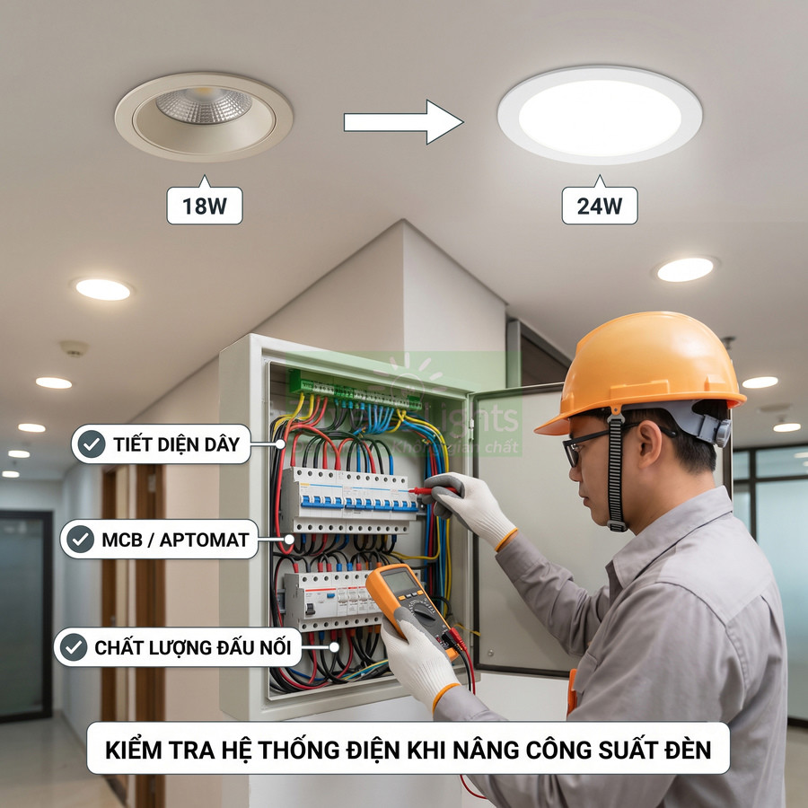 Kỹ sư điện kiểm tra tủ điện khi nâng cấp hệ thống đèn âm trần từ 18W lên 24W trong văn phòng