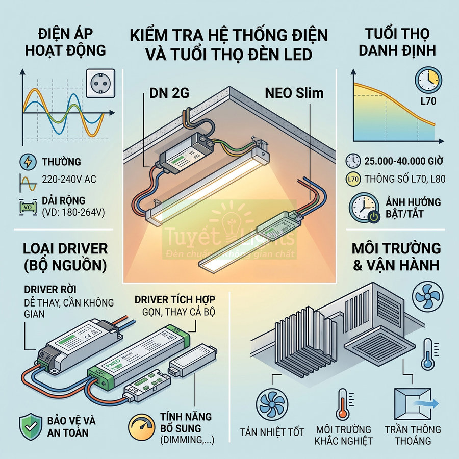 Hướng dẫn kiểm tra hệ thống điện và tuổi thọ đèn LED với các loại driver, điện áp và môi trường lắp đặt
