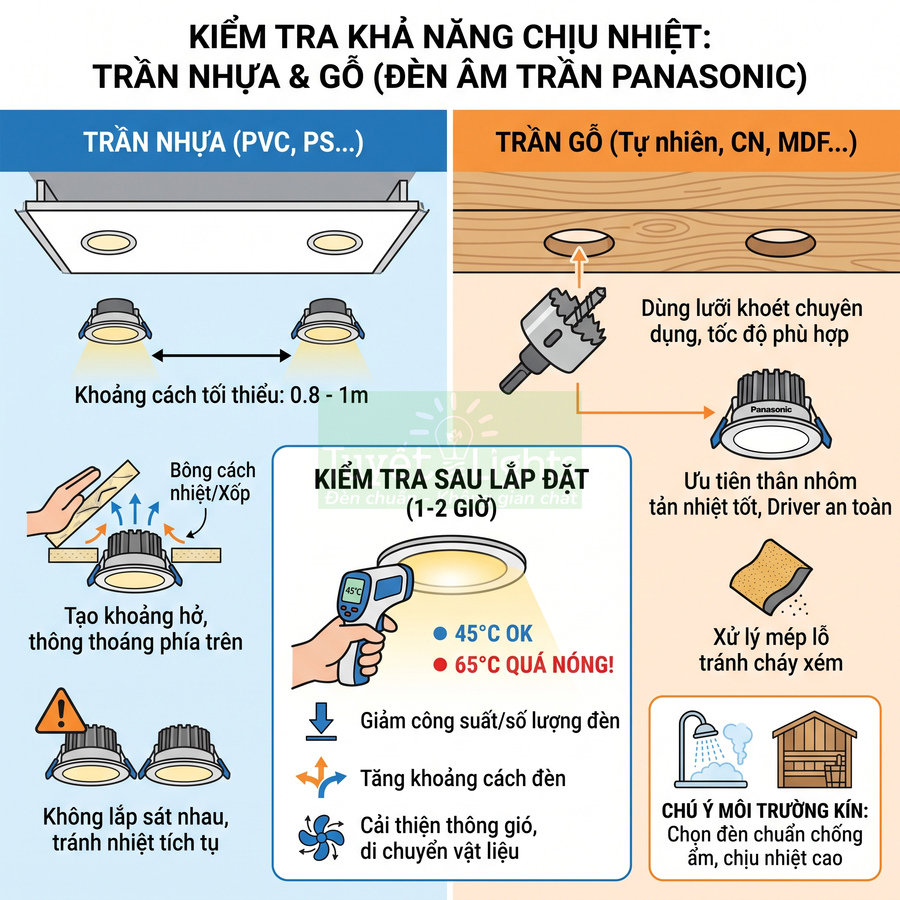 Hướng dẫn lắp đặt và kiểm tra khả năng chịu nhiệt cho đèn âm trần Panasonic trên trần nhựa và trần gỗ
