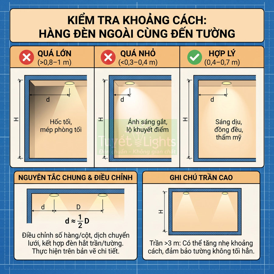 Hướng dẫn chọn khoảng cách đèn âm trần đến tường để ánh sáng dịu, đều và không tạo hốc tối trong phòng
