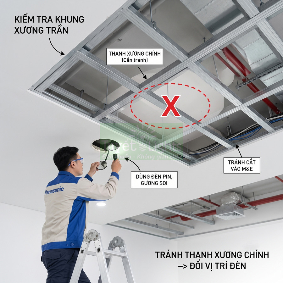 Kỹ thuật viên Panasonic kiểm tra khung trần thạch cao và vị trí lắp đèn âm trần bằng đèn pin, gương soi