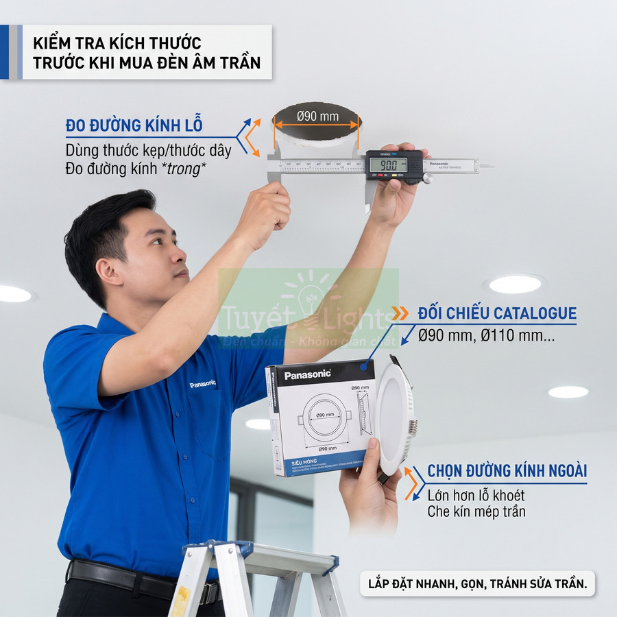 Kỹ thuật viên đo lỗ trần và so sánh catalogue để lắp đèn âm trần Panasonic siêu mỏng