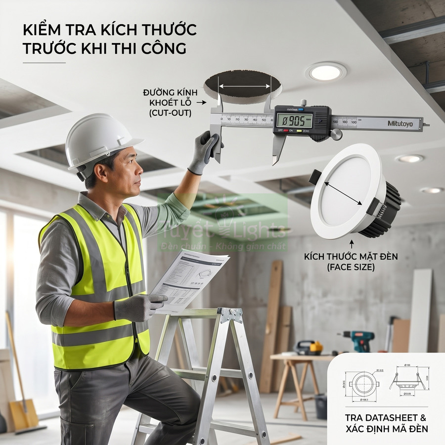 Kỹ sư đo đường kính khoét lỗ trần để lắp đèn led âm trần tròn trong công trình xây dựng