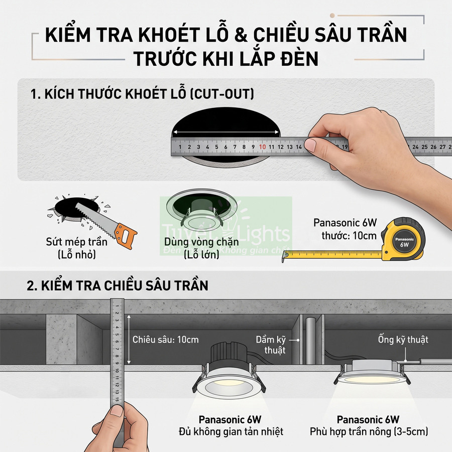 Hướng dẫn đo kích thước khoét lỗ và chiều sâu trần để lắp đèn âm trần Panasonic 6W