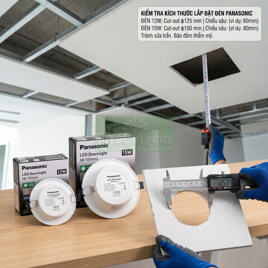 Đèn LED downlight Panasonic 12W 15W và thợ đo kích thước lỗ khoét trần để lắp đặt