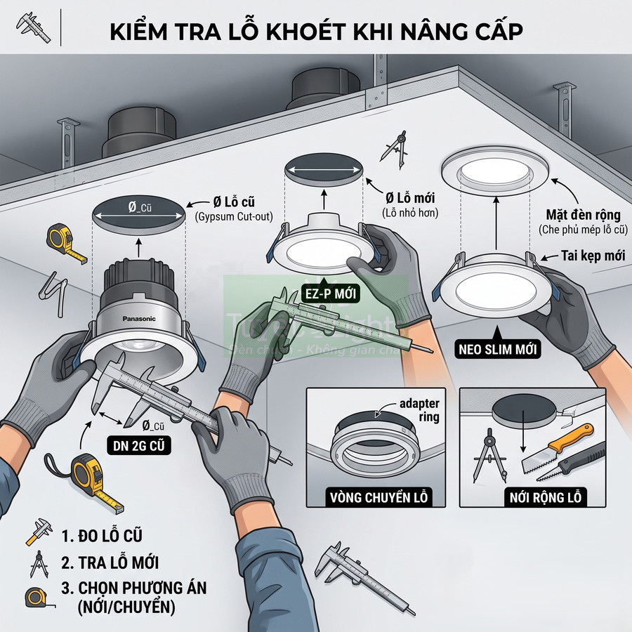 Hướng dẫn đo lỗ khoét và lắp đèn âm trần Panasonic khi nâng cấp đèn downlight cũ