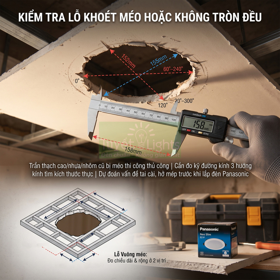 Thợ dùng thước kẹp đo lỗ khoét trần thạch cao trước khi lắp đèn âm trần Panasonic Neo Slim
