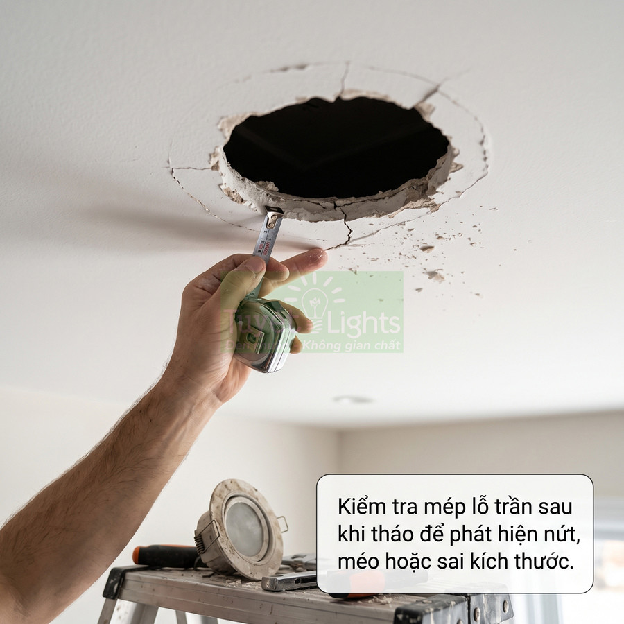 Thợ dùng thước dây đo lỗ trần thạch cao để lắp đèn âm trần, kiểm tra mép lỗ bị nứt vỡ