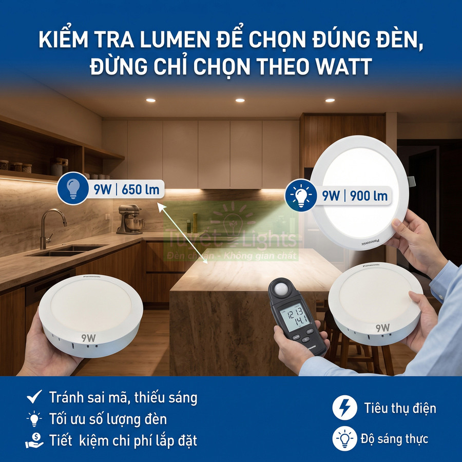 Đèn LED âm trần Panasonic 9W so sánh độ sáng lumen trong không gian bếp hiện đại