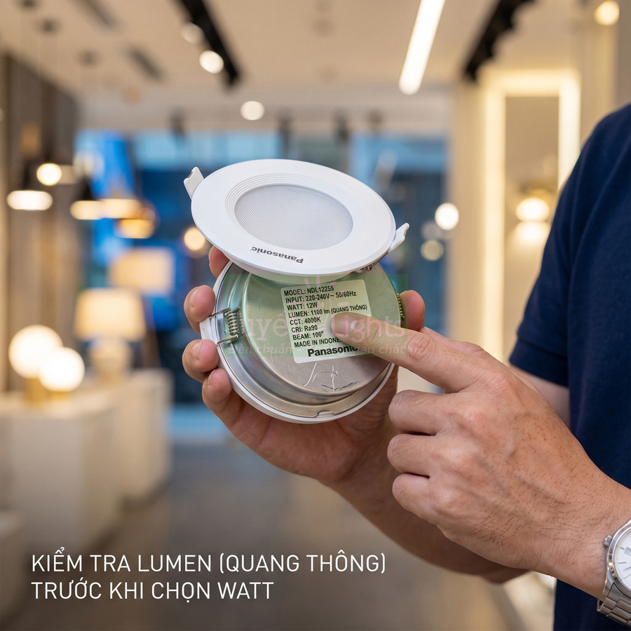 Người đàn ông cầm đèn LED âm trần Panasonic và kiểm tra thông số lumen trên thân đèn