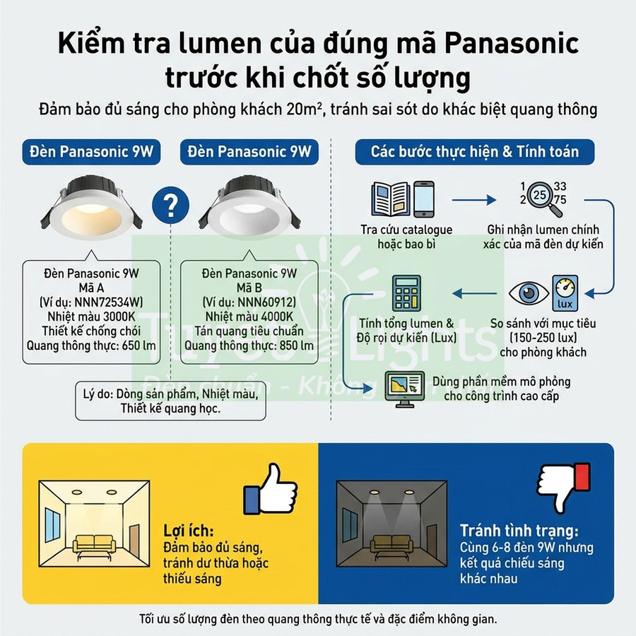 Hướng dẫn kiểm tra quang thông đèn âm trần Panasonic 9W để chọn đúng mã và đảm bảo đủ sáng phòng khách