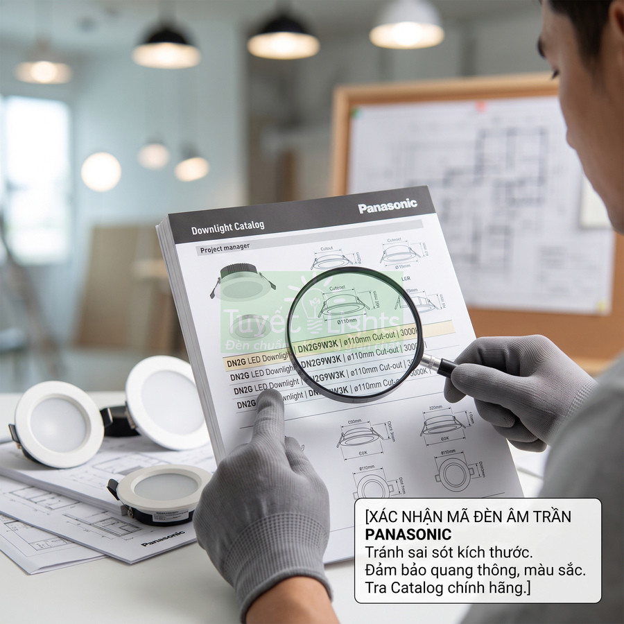 Kỹ thuật viên kiểm tra mã đèn âm trần Panasonic trong catalog bằng kính lúp trên bàn làm việc