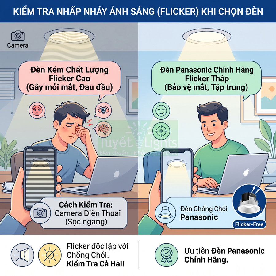 So sánh đèn trần thường nhấp nháy gây mỏi mắt với đèn LED Panasonic chính hãng chống chói, flicker thấp