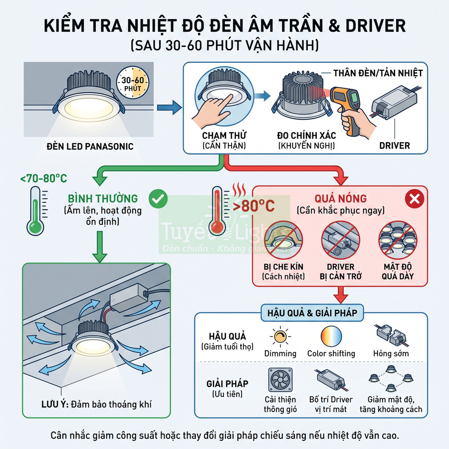 Hướng dẫn kiểm tra nhiệt độ đèn LED âm trần Panasonic và driver để tránh quá nóng, đảm bảo tuổi thọ và hiệu suất chiếu sáng