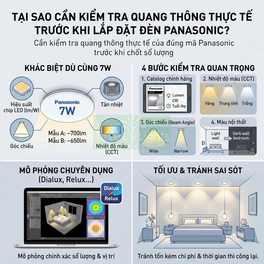 Infographic hướng dẫn kiểm tra quang thông thực tế và lựa chọn đèn LED Panasonic 7W cho phòng ngủ