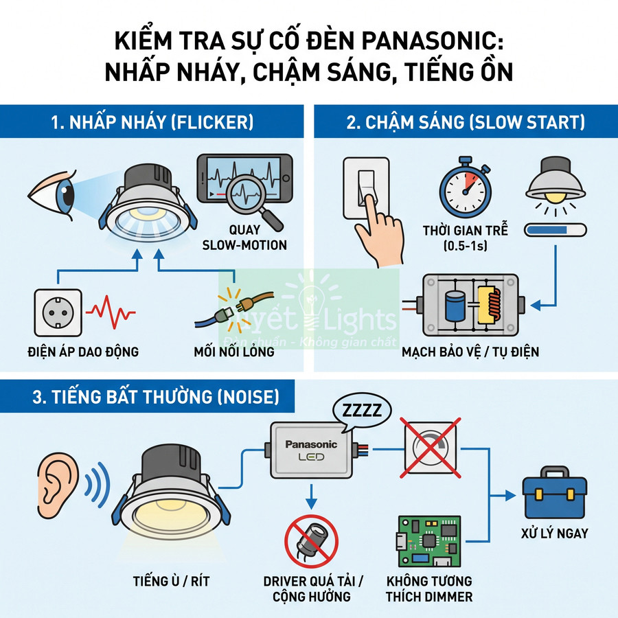 Hướng dẫn kiểm tra và xử lý sự cố nhấp nháy, chậm sáng, tiếng ồn cho đèn LED Panasonic