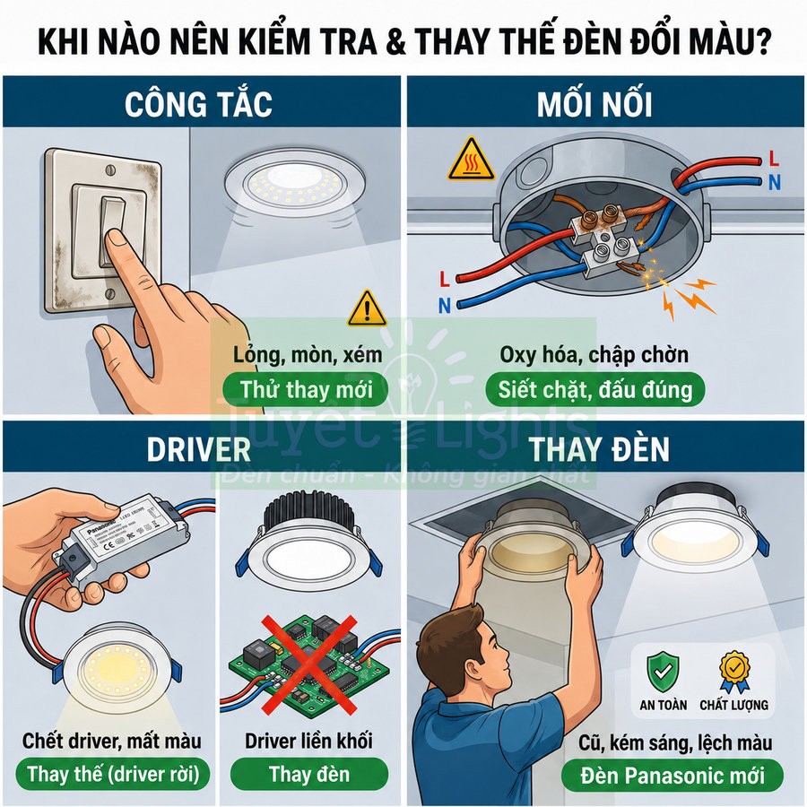 Hướng dẫn kiểm tra công tắc, mối nối, driver và thay đèn LED âm trần Panasonic khi đèn đổi màu