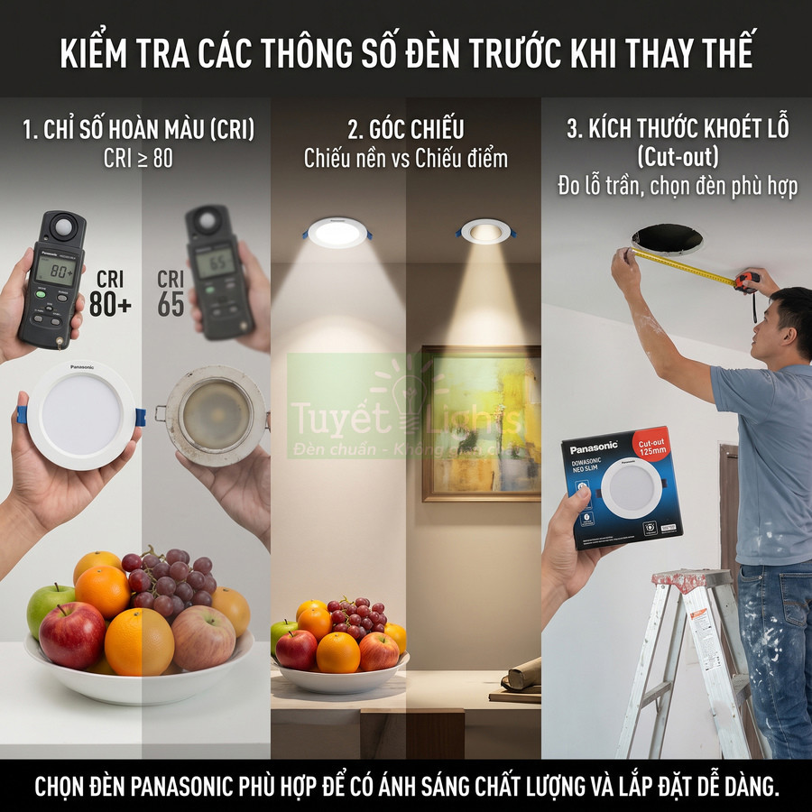 Đèn âm trần Panasonic và hướng dẫn kiểm tra CRI, góc chiếu, kích thước khoét lỗ trước khi thay thế