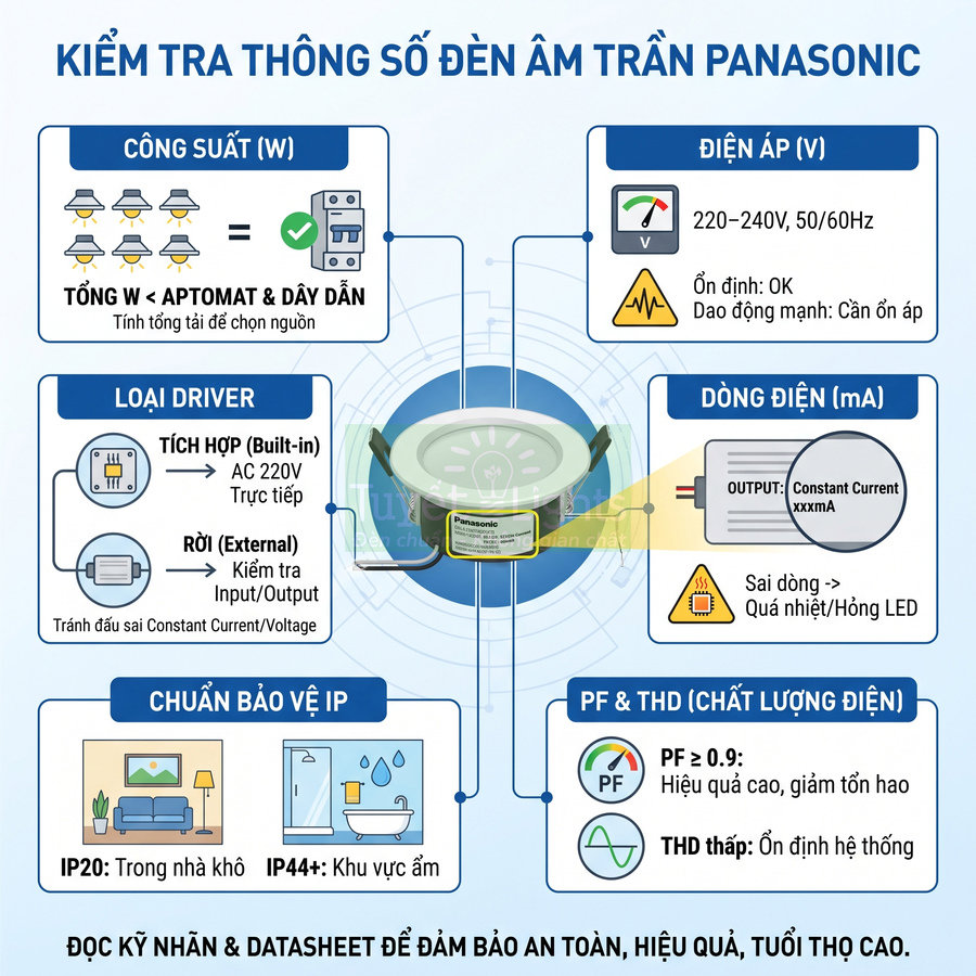 Hướng dẫn kiểm tra thông số kỹ thuật đèn âm trần Panasonic, minh họa các tiêu chí chọn đèn an toàn hiệu quả
