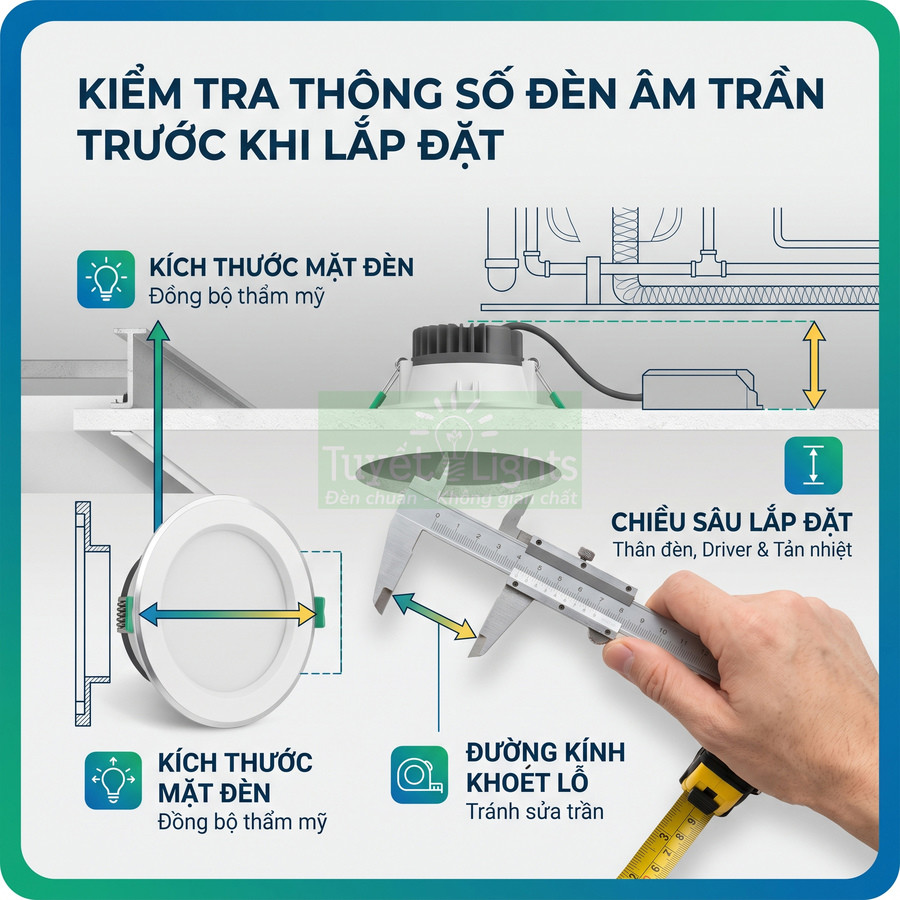 Hướng dẫn đo kích thước đèn âm trần và đường kính khoét lỗ trần thạch cao trước khi lắp đặt