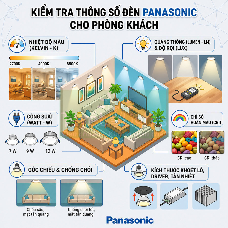 Hướng dẫn kiểm tra thông số đèn LED Panasonic cho phòng khách với minh họa phòng khách hiện đại