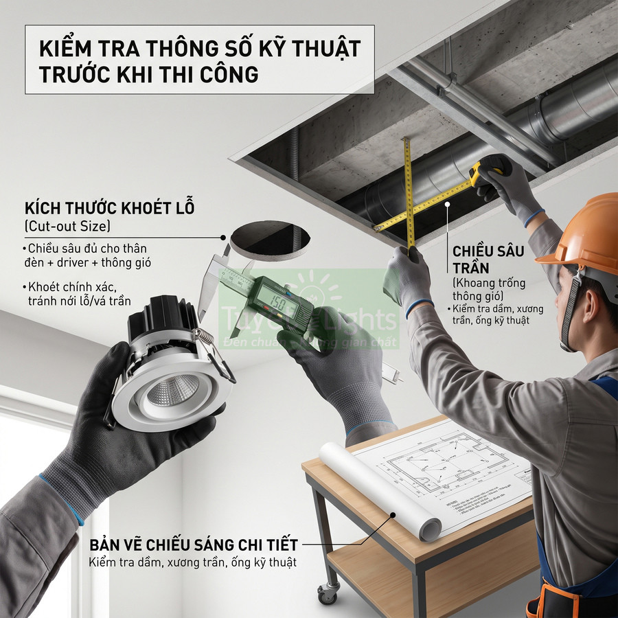 Kỹ sư đo kích thước trần và lỗ khoét để lắp đèn downlight âm trần theo bản vẽ chiếu sáng chi tiết