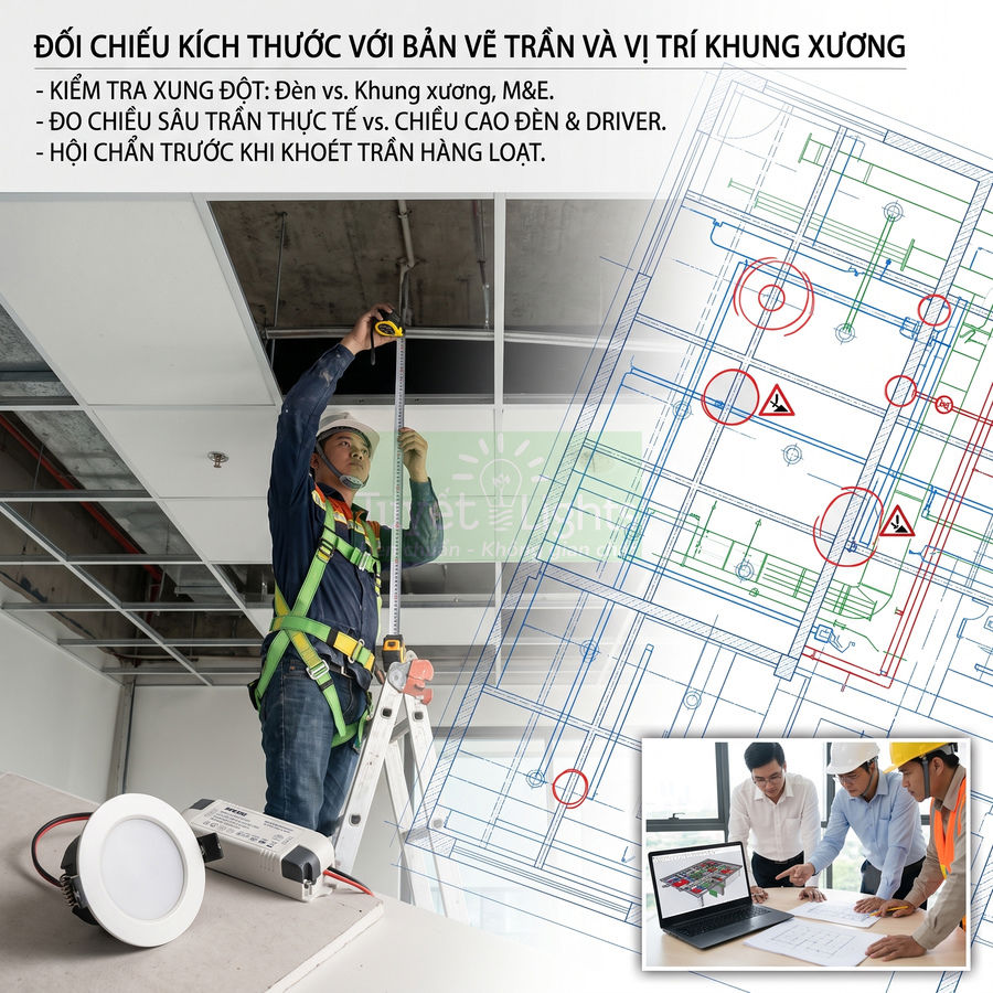 Kỹ sư đo trần thạch cao để lắp đèn LED âm trần và driver theo bản vẽ kỹ thuật xây dựng