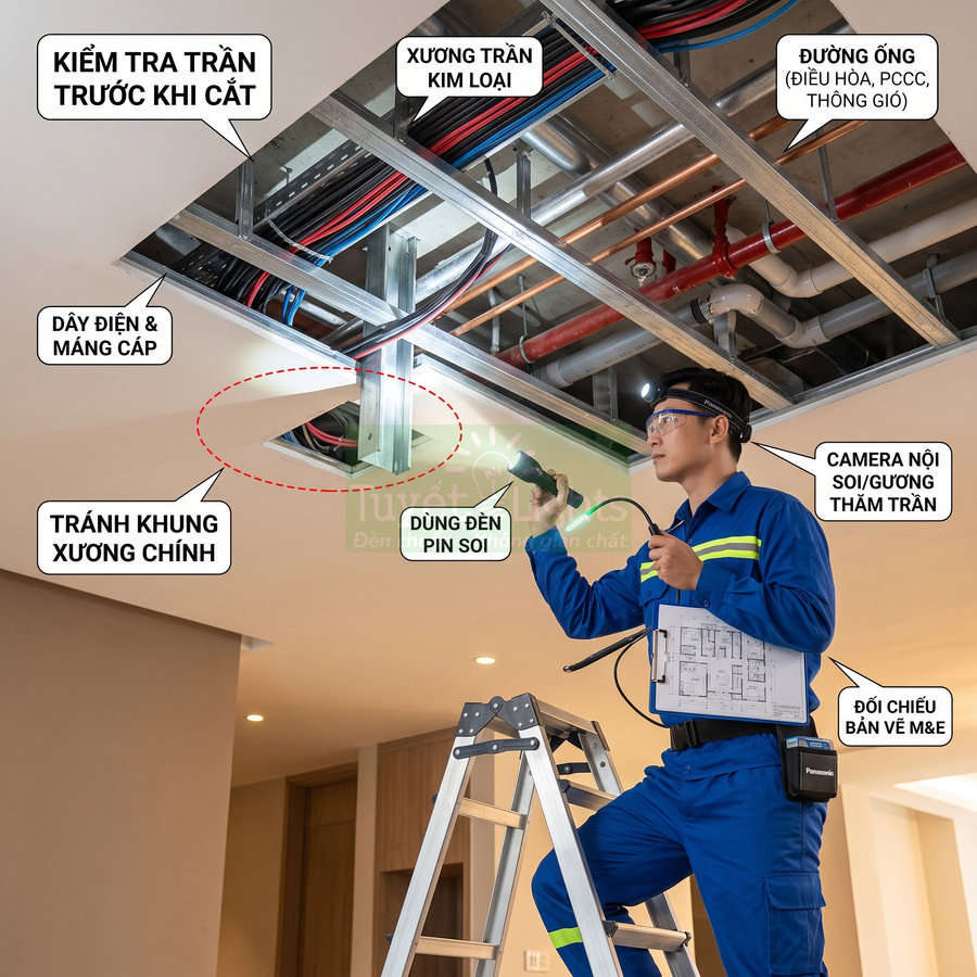 Kỹ thuật viên dùng camera nội soi Panasonic kiểm tra hệ thống điện ống nước trên trần thạch cao trong nhà