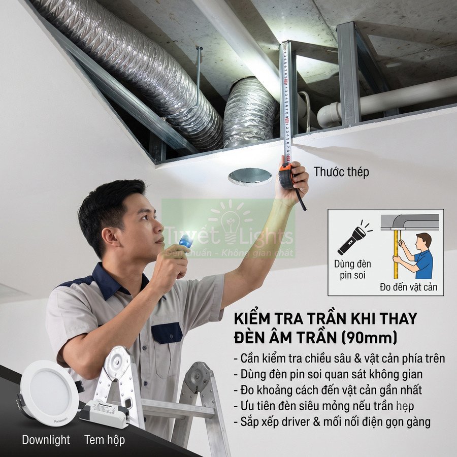 Kỹ thuật viên đo trần thạch cao để lắp đèn âm trần Panasonic downlight 90mm