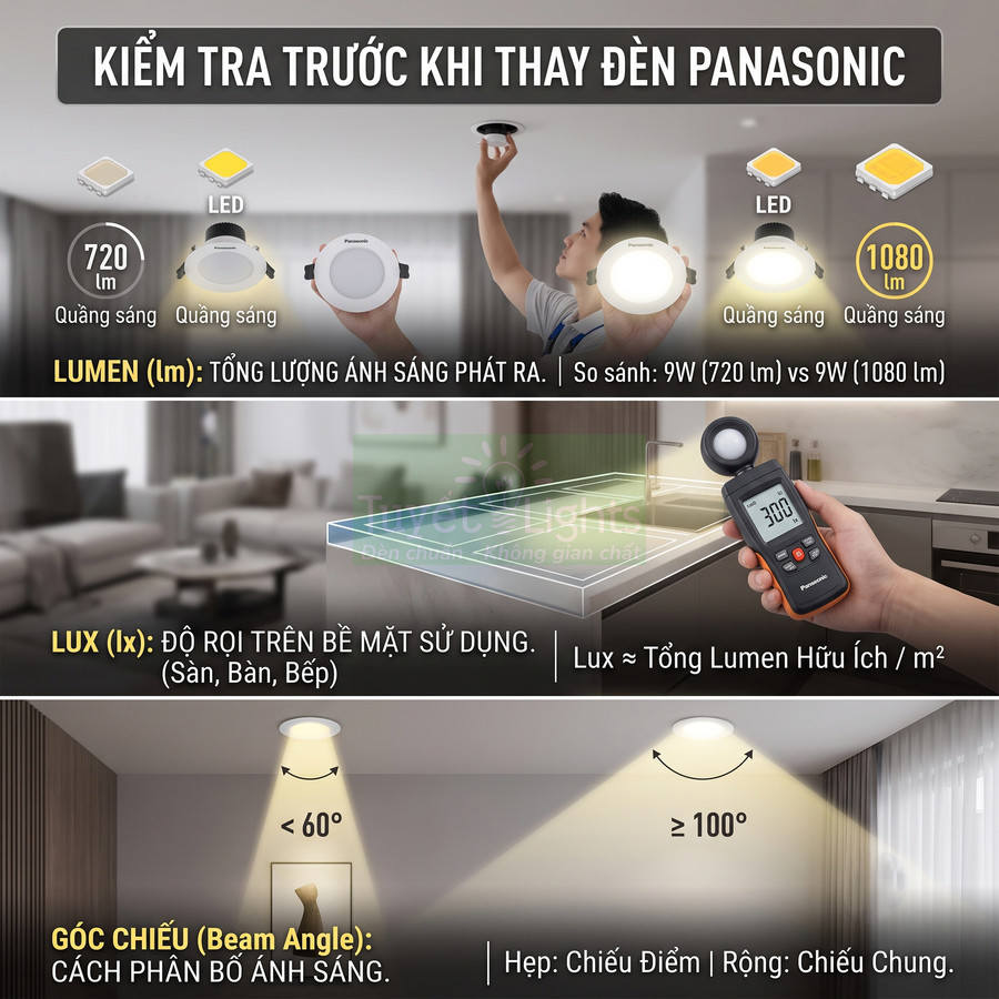 Hướng dẫn kiểm tra trước khi thay đèn LED Panasonic, so sánh lumen, lux và góc chiếu sáng trong phòng khách và bếp