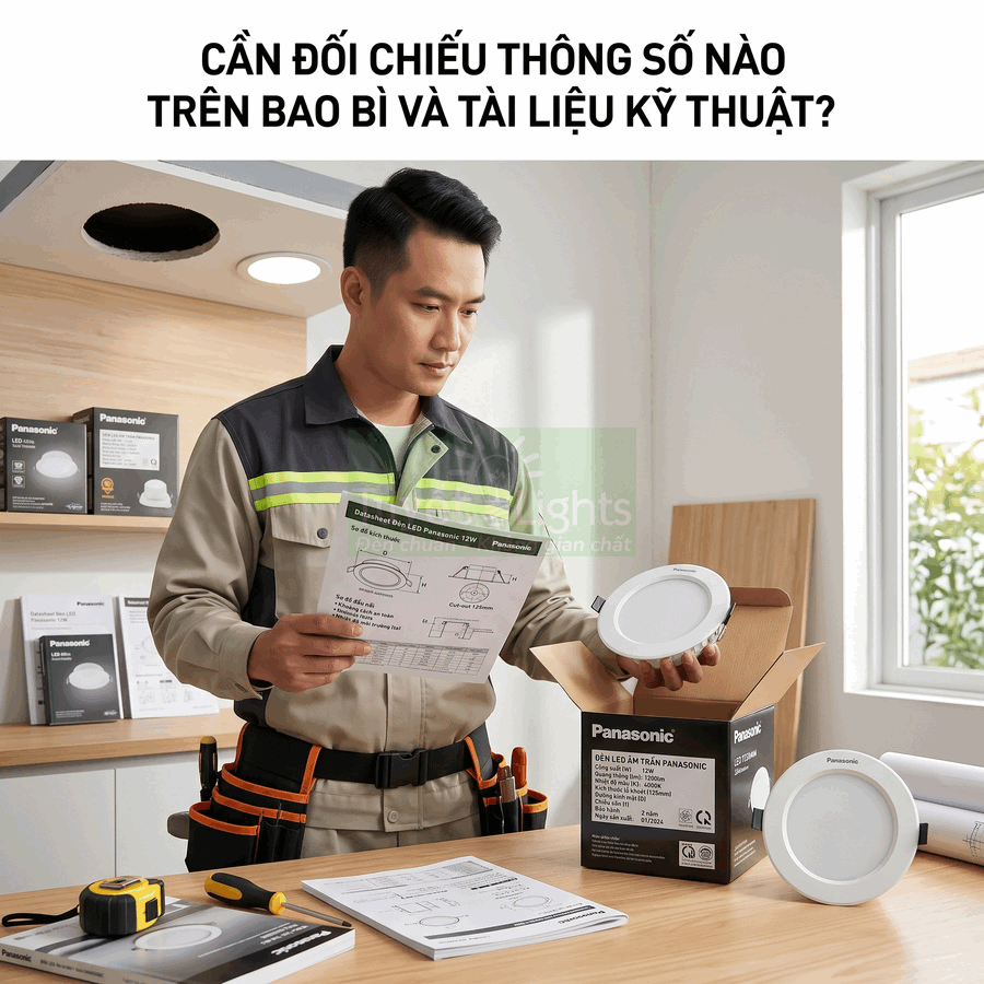 Kỹ thuật viên xem tài liệu kỹ thuật đèn LED âm trần Panasonic và kiểm tra sản phẩm trên bàn