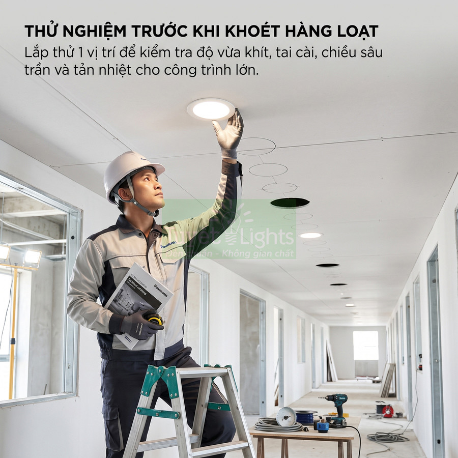 Kỹ thuật viên lắp đặt đèn âm trần Panasonic trên trần thạch cao trong hành lang công trình xây dựng