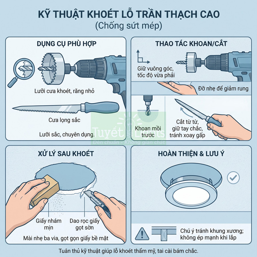Hướng dẫn kỹ thuật khoét lỗ trần thạch cao lắp đèn âm trần bằng khoan và cưa chuyên dụng