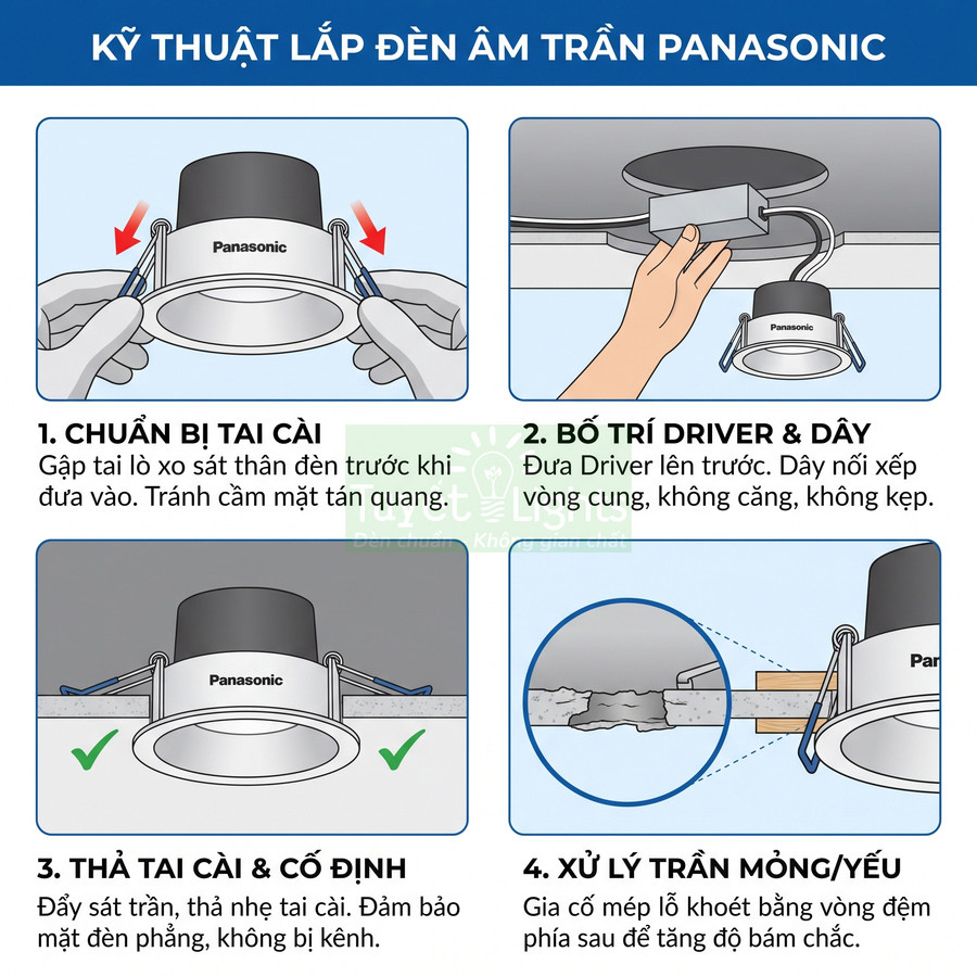 Hướng dẫn kỹ thuật lắp đặt đèn âm trần Panasonic với các bước chuẩn bị, bố trí driver và cố định đèn