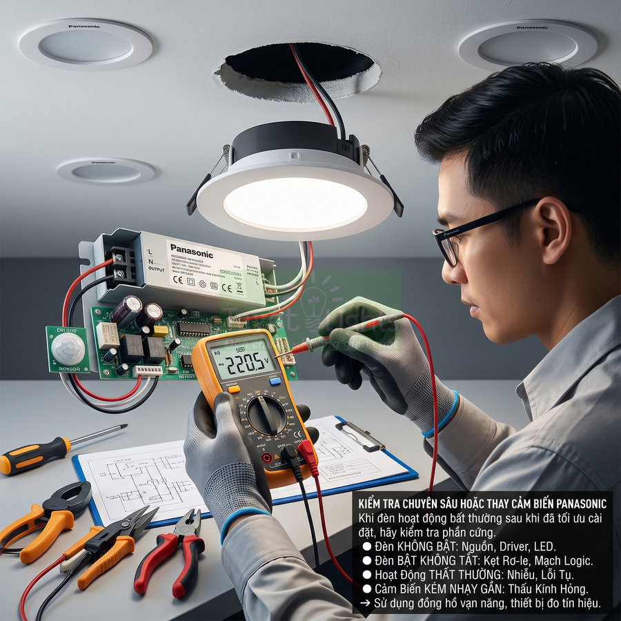 Kỹ thuật viên kiểm tra đèn âm trần Panasonic bằng đồng hồ đo điện và bộ nguồn driver trên bàn làm việc