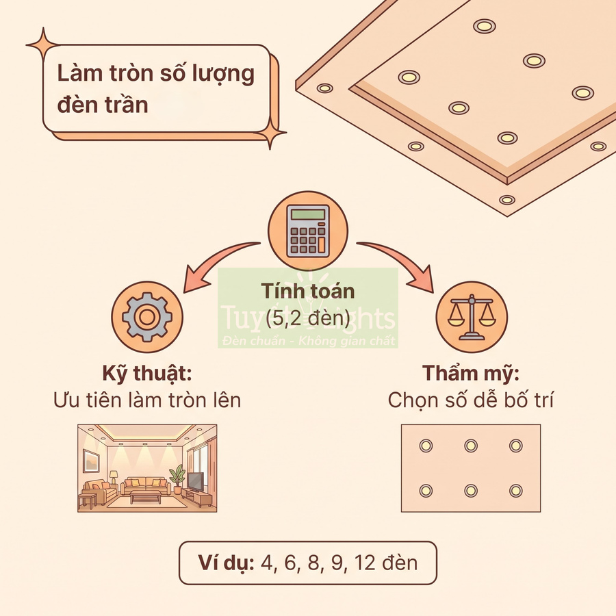 Hướng dẫn làm tròn số lượng đèn trần theo tính toán kỹ thuật và thẩm mỹ, ví dụ 4 6 8 9 12 đèn