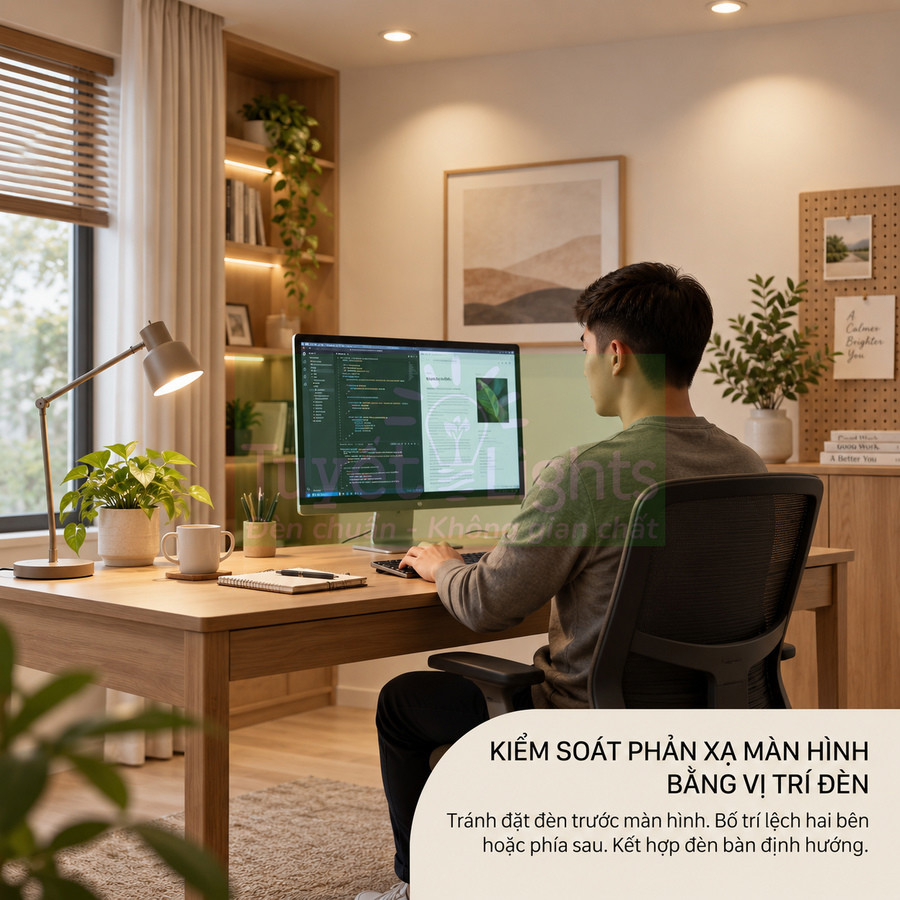 Đèn bàn làm việc chiếu sáng màn hình máy tính trong không gian làm việc tại nhà gọn gàng hiện đại