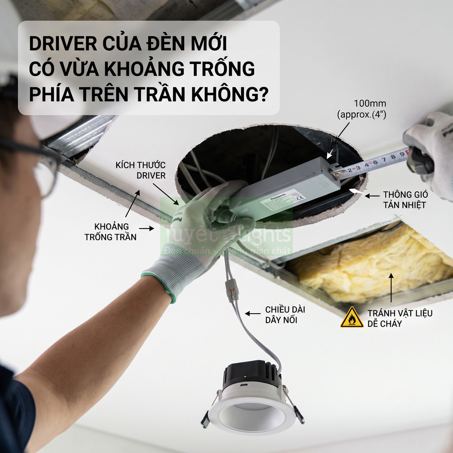 Thợ điện lắp đặt đèn led âm trần và đo khoảng trống trên trần để kiểm tra kích thước driver