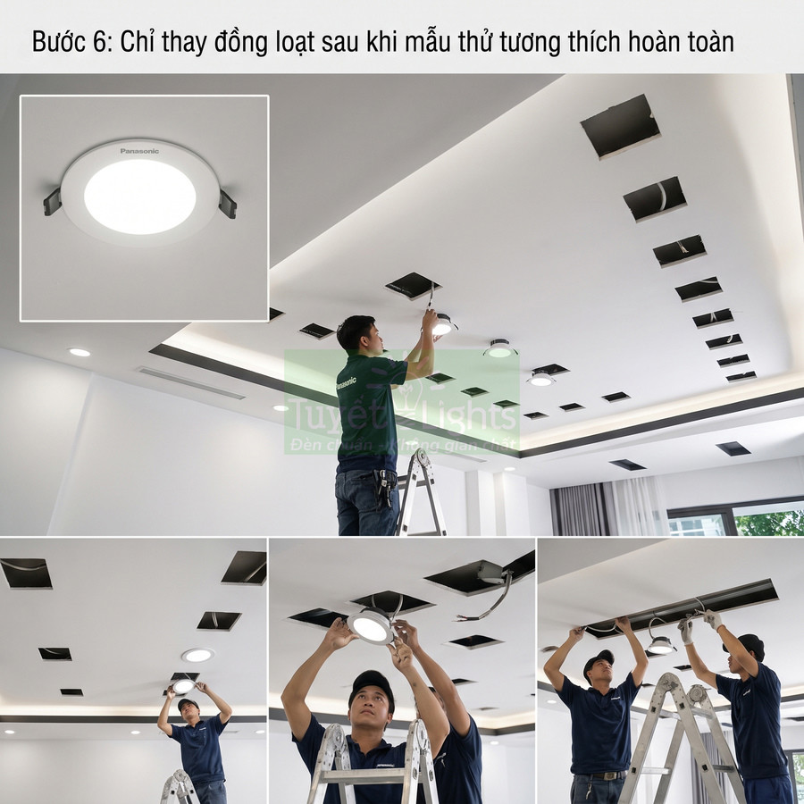 Thợ điện lắp đặt đèn led âm trần Panasonic trên trần thạch cao trong phòng khách hiện đại