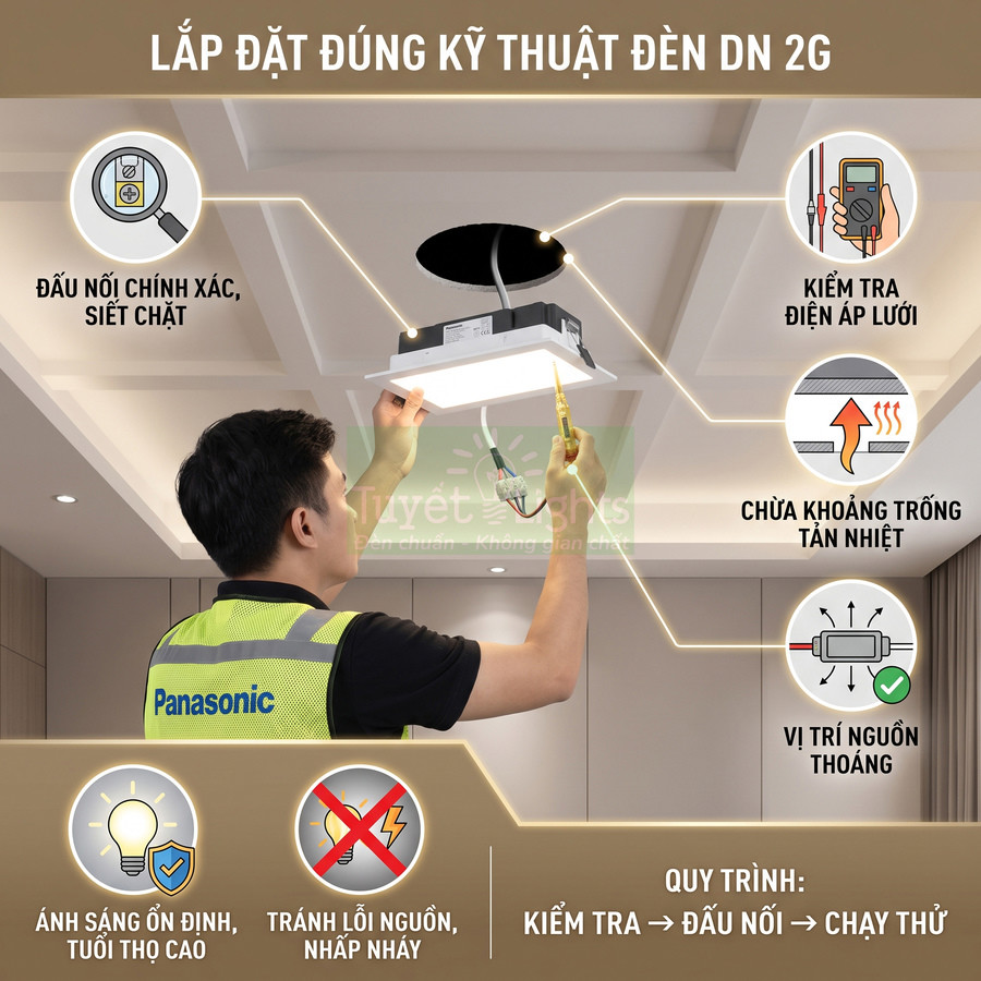 Kỹ thuật viên Panasonic lắp đặt đèn âm trần DN 2G trên trần nhà, kiểm tra đấu nối và nguồn điện an toàn