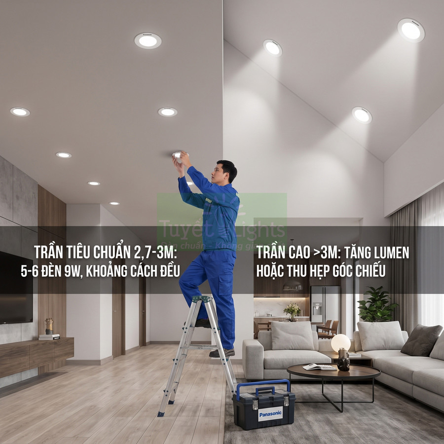 Thợ điện lắp đèn âm trần Panasonic trong phòng khách trần cao, cạnh đó là hộp dụng cụ Panasonic