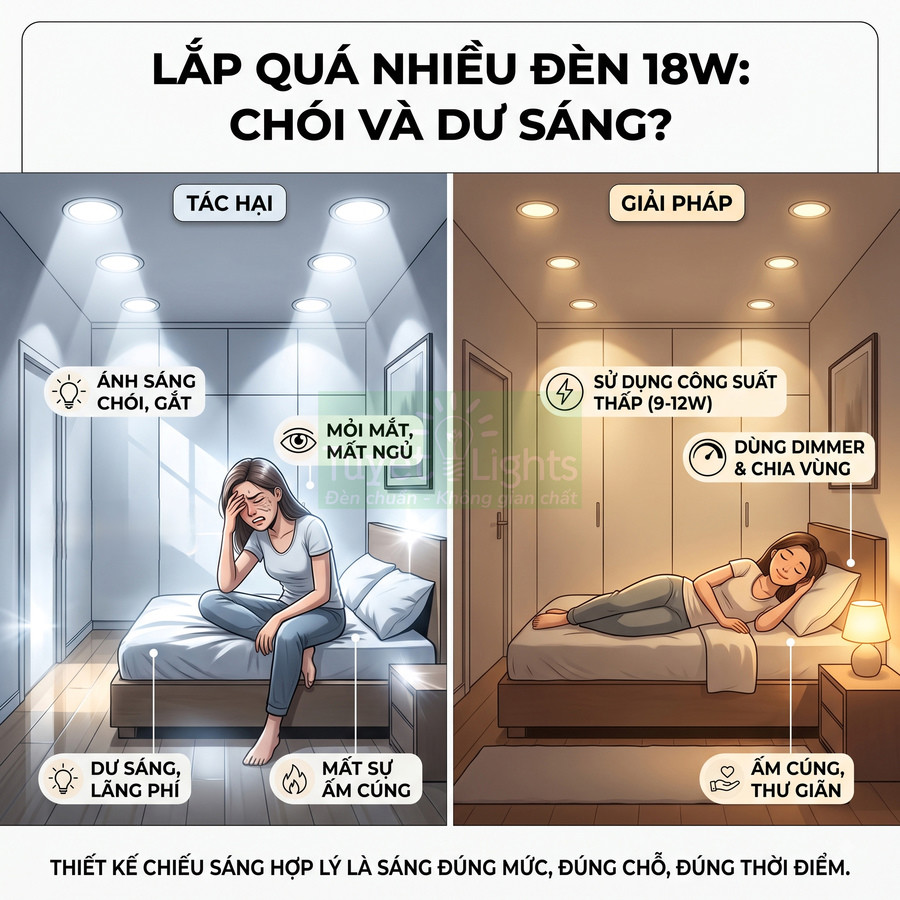 So sánh phòng ngủ dùng nhiều đèn âm trần 18W gây chói với phòng dùng đèn công suất thấp, ánh sáng ấm thư giãn